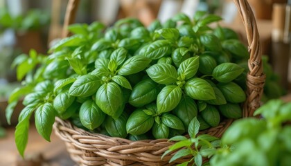 Fresh Bunch of Green Basil Leaves in a Woven Basket Ready for Culinary Use