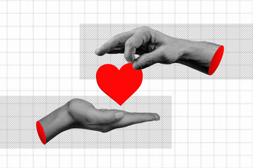 Hands with red heart symbol in halftone for Valentine's day collage style. Mans hand placing a heart in womans hand.
