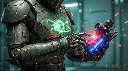 A figure in metallic armor holds glowing red and blue light beams with a green glowing pattern visible on the chest plate