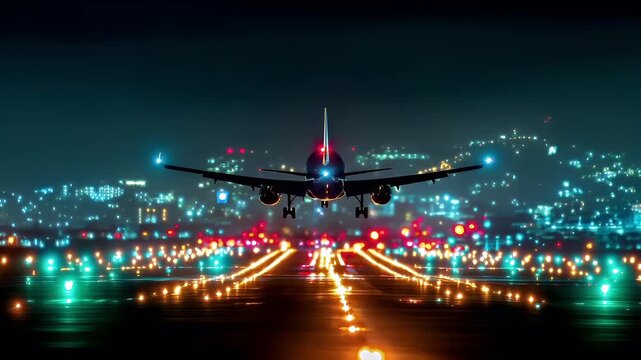 airplane taking off from airport runway at night with city lights in the background.