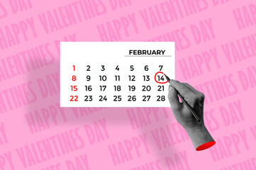 Halftone collage of a hand marking February 14th on the calendar. Valentine's Day concept.