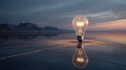 A light bulb with a glowing filament on a reflective surface, with mountains in the background and a serene, twilight sky.