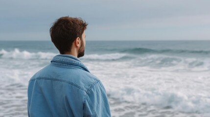 Fototapeta premium Man standing on a beach, facing the ocean. he is wearing a blue denim jacket and has a beard. the man is facing away from the camera, with his back towards the horizon.