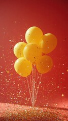 Yellow balloons float amidst scattered confetti; red backdrop