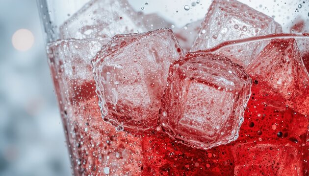 Close-Up of Sparkling Red Beverage with Ice Cubes in a Transparent Glass