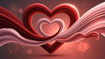 Romantic abstract flowing hearts background with red and pink ribbons
