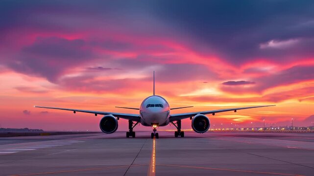 Aerial view of airplane on runway during sunset with vibrant red and purple sky.
