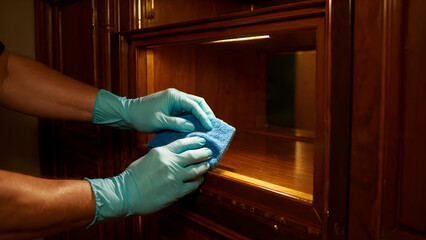 Deep cleaning professionals restoring cabinet interiors with precise and careful wiping technique
