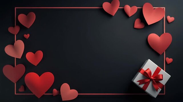 Animated hearts and a gift box emerge on a black background for a romantic celebration