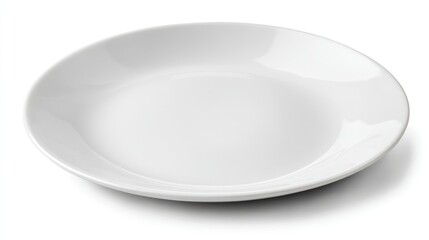 Empty white ceramic plate with shiny surface on white background.