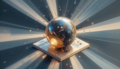 Glowing Sphere Surrounded by Radiant Particles and Dynamic Light Effects in an Abstract Digital Setting
