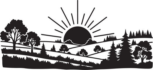 Fototapeta premium Black Silhouette of Sunset over Rolling Hills and Trees