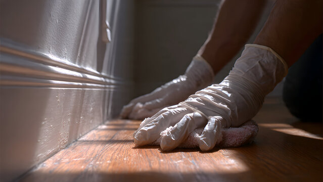 Professional deep cleaning service capturing detailed baseboard grime removal in a realistic residential interior environment