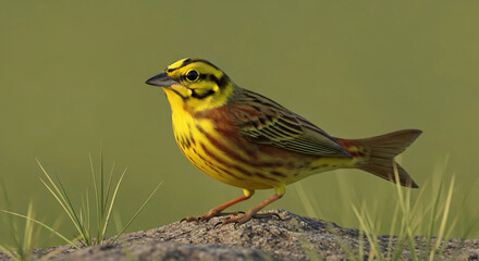 Yellow bunting bird perched on a rock in the field at dusk