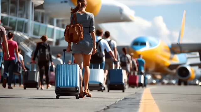 A woman in a striped dress with a brown leather bag walks towards the camera. She is wearing strappy heels and carries a blue suitcase. The scene is set at an airport tarmac.
