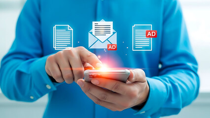 Business professional holding digital advertising icons with glowing ad notifications in blue shirt