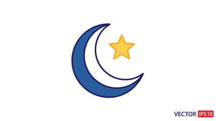 Vector illustration of a blue crescent moon with a yellow star on a white background in EPS10 format.
