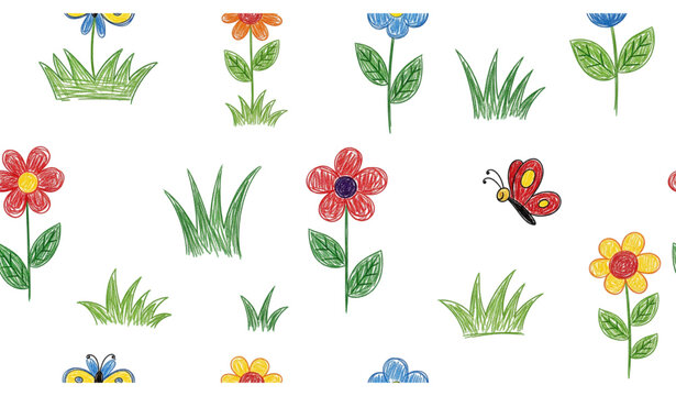 Kids crayon doodle flower seamless pattern with childlike garden drawings isolated on transparent background