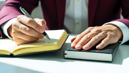 Business professional writing notes in open notebook with pen at office desk