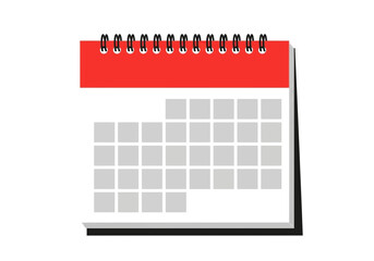 A red and white calendar on a with a black base
