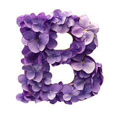 Top view of a 3D letter B made of violet flowers isolated on a white transparent background