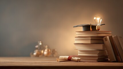 Education still life stack of books, cap, diploma, and lightbulb idea