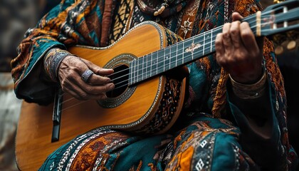 Amazigh musician captured from a low angle emphasizing posture and hand movements on guitar
wearing traditional patterned clothing with rich colors, detailed textures, and expressive calm focus, ultra