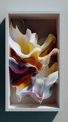 Abstract, iridescent flow trapped within a small, white box