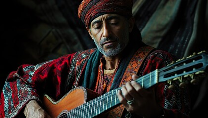Amazigh musician captured from a low angle emphasizing posture and hand movements on guitar
wearing traditional patterned clothing with rich colors, detailed textures, and expressive calm focus, ultra