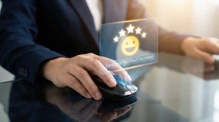 A person in a suit uses a computer mouse with a glowing bitcoin symbol near their hand on a reflective surface