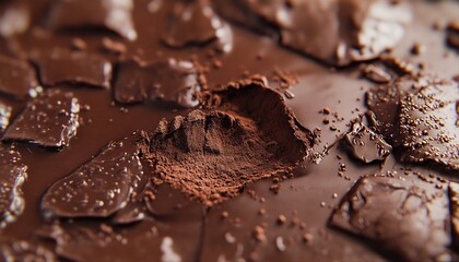 Extreme ultra-macro hyper-realistic close-up of chocolate surface
revealing small cracks, powdery texture, and expressive composition with rich natural tones