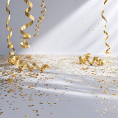 Golden streamers & confetti falling on white backdrop with light