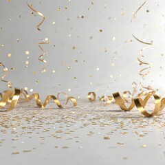 Golden ribbons & confetti on bright surface, soft blur background