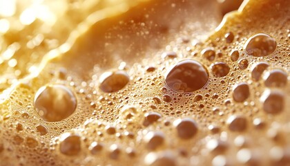 Extreme ultra-macro hyper-realistic close-up of coffee crema bubbles
revealing golden brown micro textures, delicate foam patterns, and expressive composition with natural detail