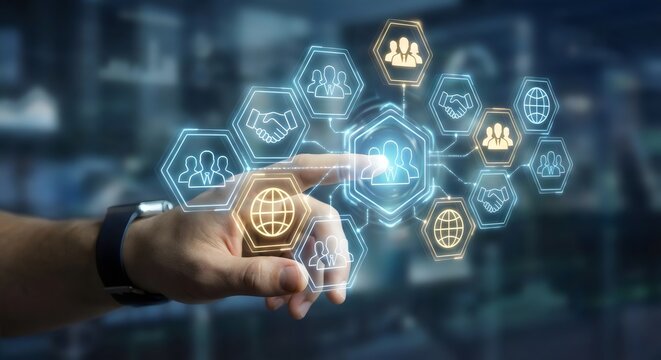 Hand interacting with a floating 3D hexagonal network interface featuring glowing connection lines between icons of people to illustrate teamwork and networking. - Powered by Adobe