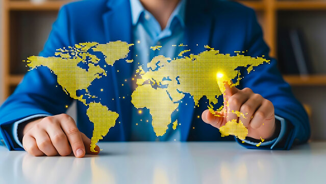 Business professional holding global network connection with digital data flow and glowing nodes in office - Powered by Adobe