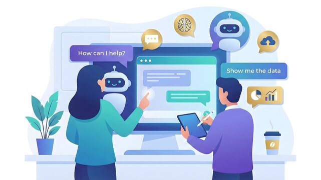 Colleagues interacting with an artificial intelligence chatbot interface for data analysis and virtual customer support on a large screen.