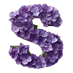 Top view of a 3D letter S made of violet flowers isolated on a white transparent background