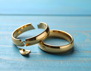 A close-up shot of two golden rings, one broken in pieces, lying on a light blue wooden surface. The focus is on the broken ring