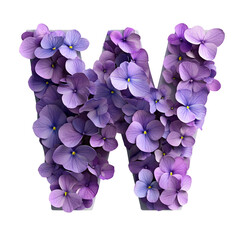 Top view of a 3D letter W made of violet flowers isolated on a white transparent background