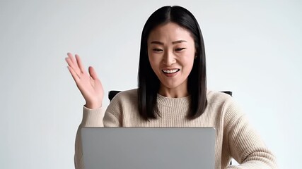 Happy Asian Woman Using Laptop Computer for Online Business Remote Work Freelance Digital Marketing Education E-learning Success Lifestyle Stock Video Footage