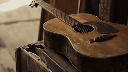 Rustic acoustic guitar with worn wood and polished frets resting against a vintage wooden crate with warm light casting gentle shadows capturing a timeless nostalgic atmosphere