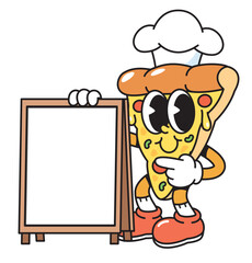 Chef Pizza Cartoon Mascot Pointing at Blank Menu Board