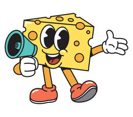 Cheerful Cartoon Cheese Character Using Megaphone