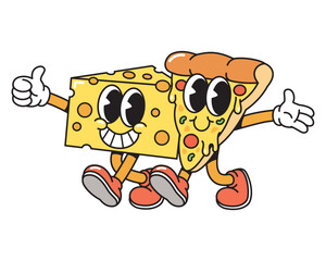 Cute Cartoon Cheese and Pizza Characters Walking Together