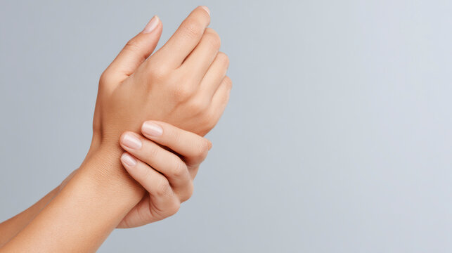 A light-skinned person gently holds their left wrist with their right hand.