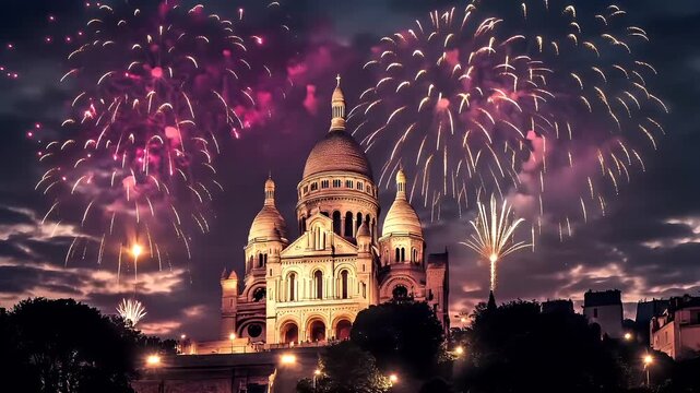 A nighttime cityscape featuring the Basilica of the Sacred Heart of Paris during fireworks display. The sky is a mix of deep purples and pinks.