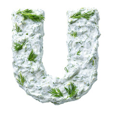 Top view of a 3D letter U made of tzatziki dip isolated on a white transparent background