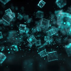 Floating, illuminated geometric cubes in a dark, atmospheric space