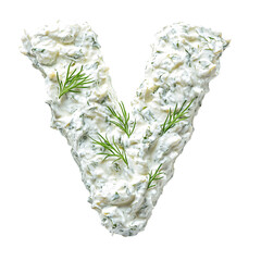 Top view of a 3D letter V made of tzatziki dip isolated on a white transparent background